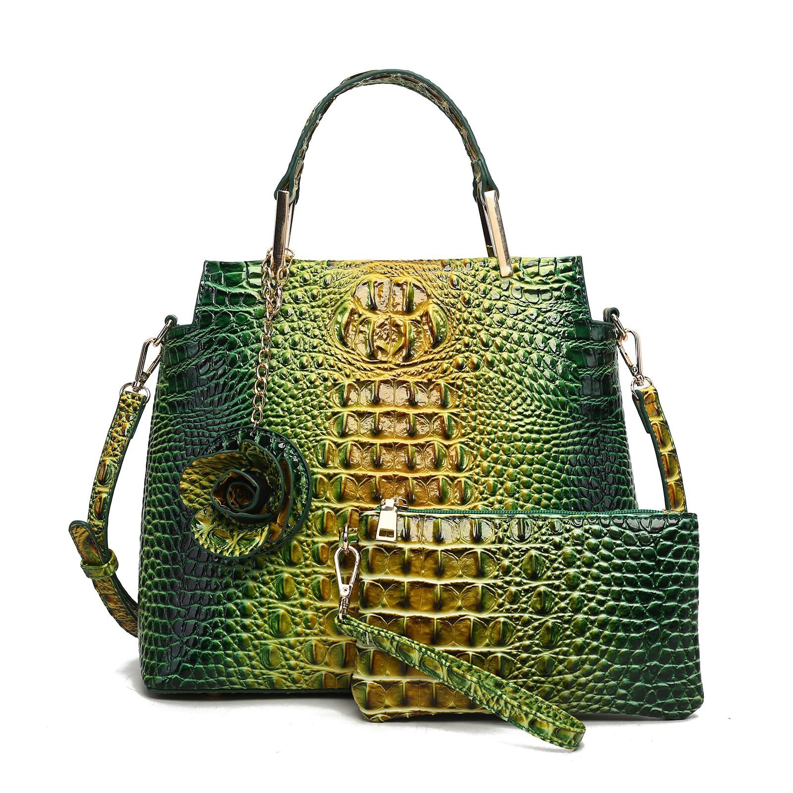 6542 Leather Tote Bag With Matching Wallet - Embossed Crocodile Print Purse